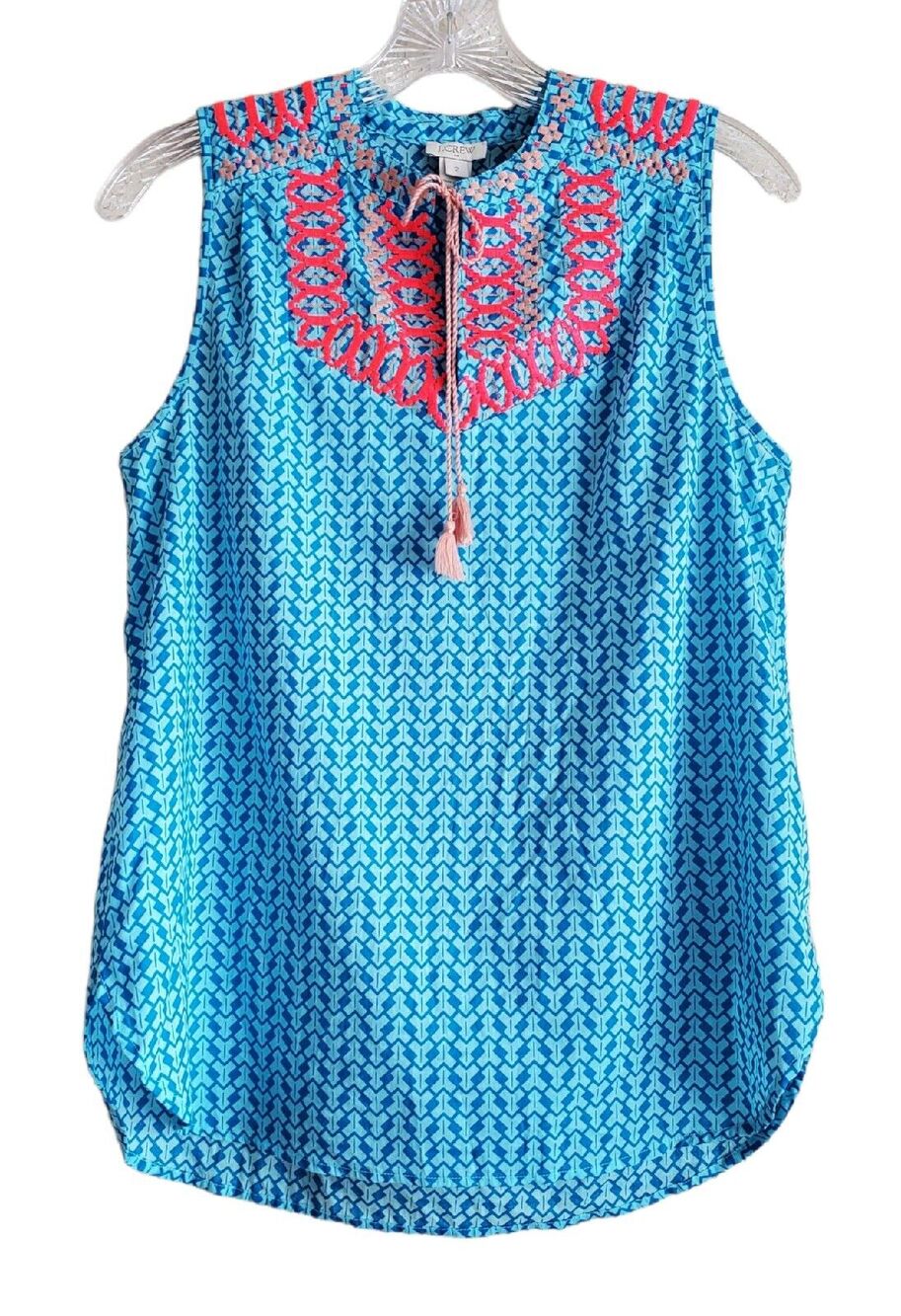 J CREW Women 2 Embroidered Top Sleeveless Tassel Tie Front Keyhole Turquoise 34"